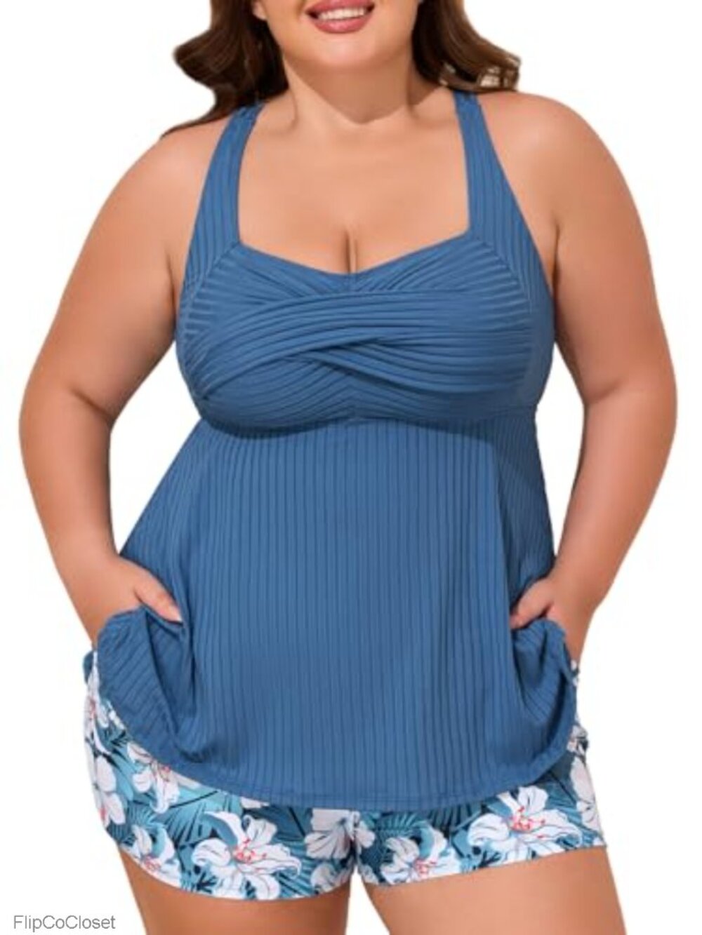 Plus Size Tankini Set Ribbed Two Piece Swimwear Tummy Control